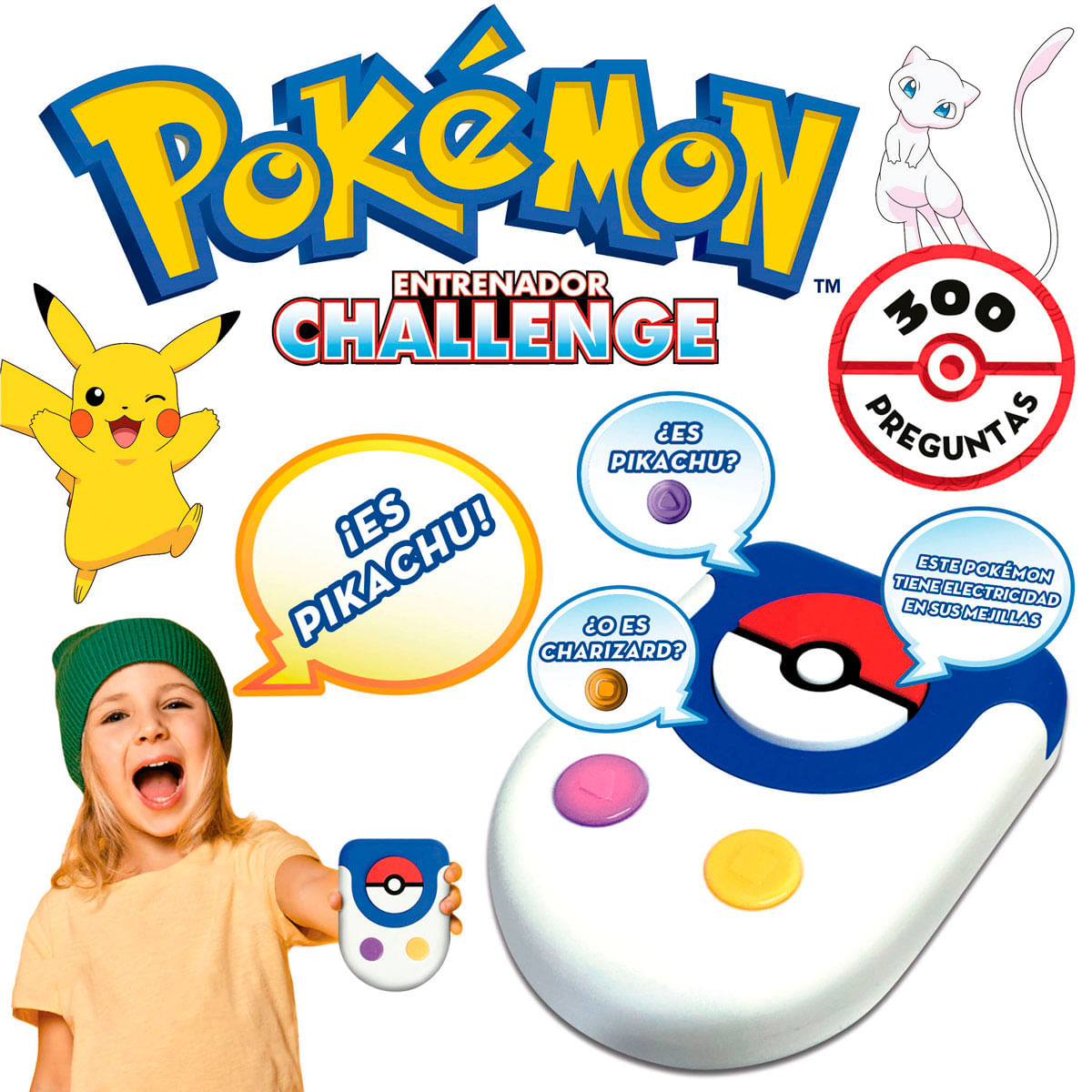 Un niño sostiene un juguete de Pokémon. Se ven Pikachu y Mew.