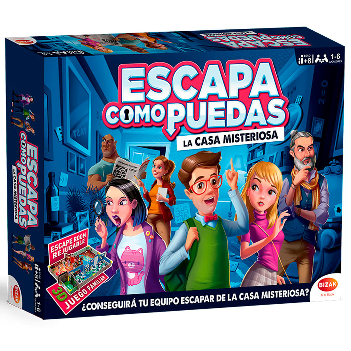 Caja del juego de mesa 'Escapa Como Puedas: La Casa Misteriosa', con personajes de dibujos.