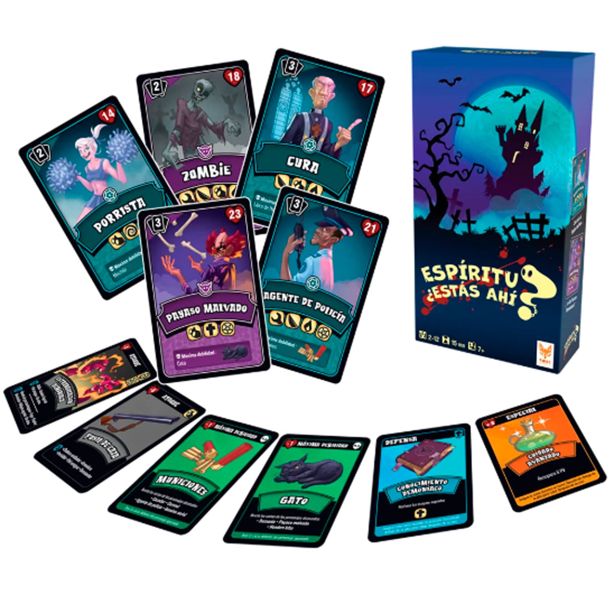 Componentes de juego de mesa sobre fondo blanco, cartas y caja.