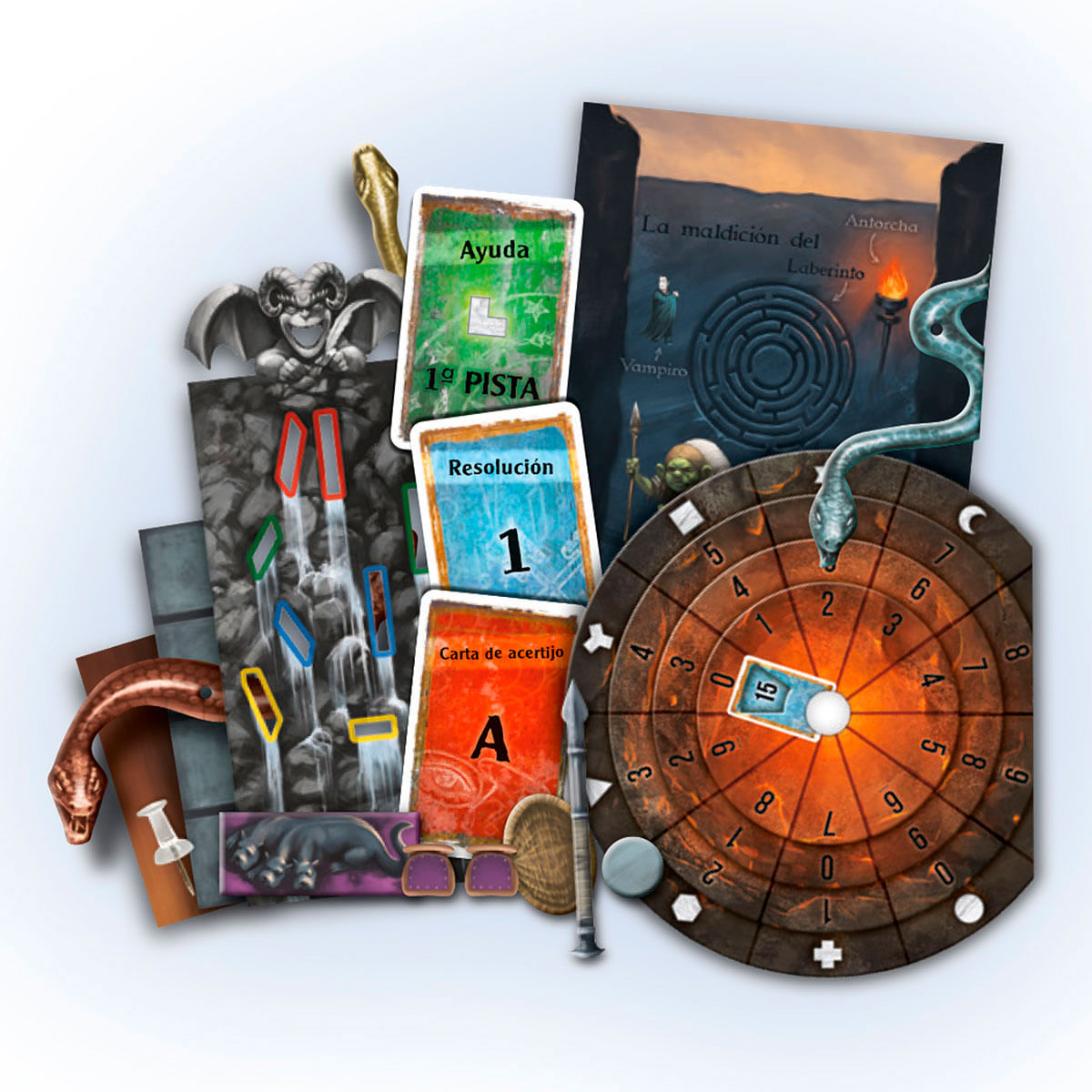 Tablero de juego con serpientes, cartas y piezas. Tema: La maldición del laberinto.
