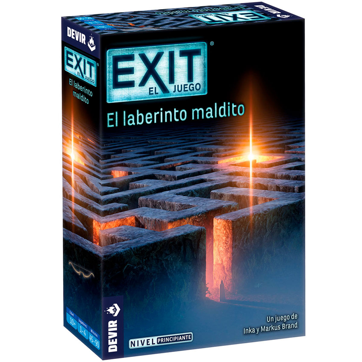 Caja de juego con gráfico de laberinto y elementos brillantes.