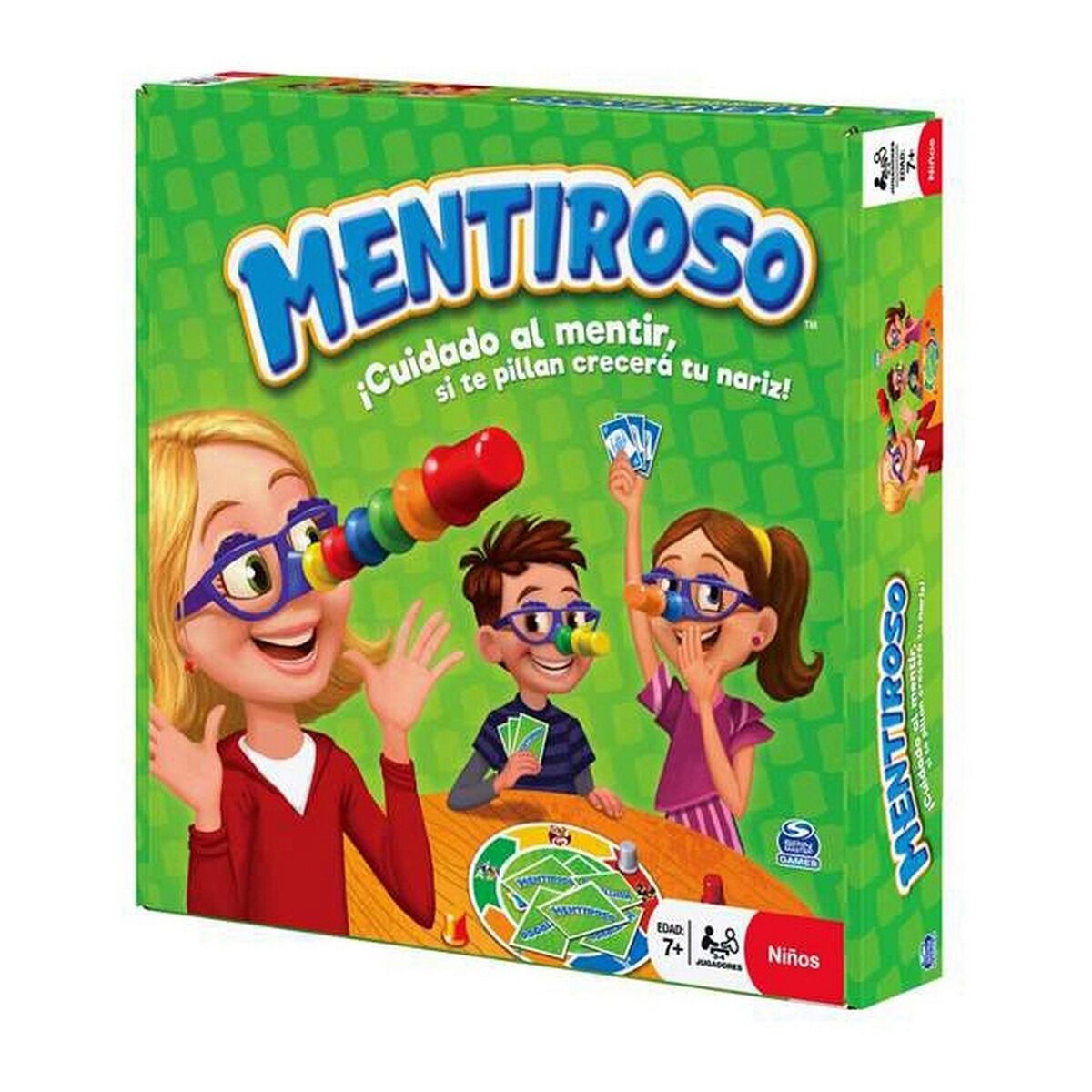 Caja de juego "Mentirosos" con niños usando extensores nasales, tablero y cartas.