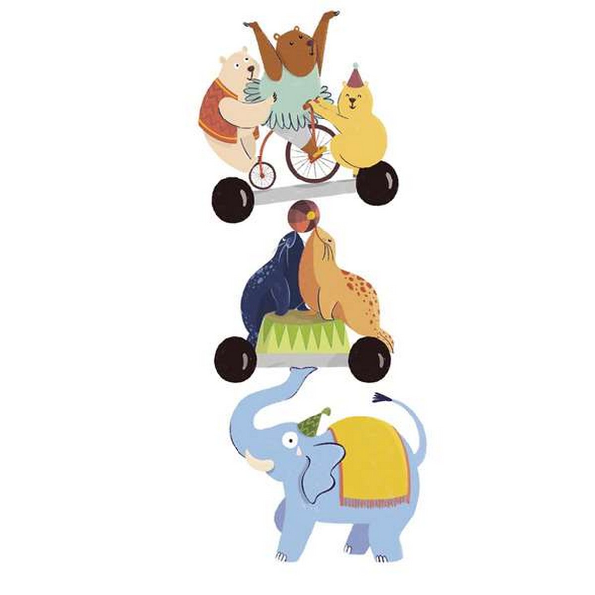 Un diseño de circo con osos en bicicleta, focas en un pedestal y un elefante.