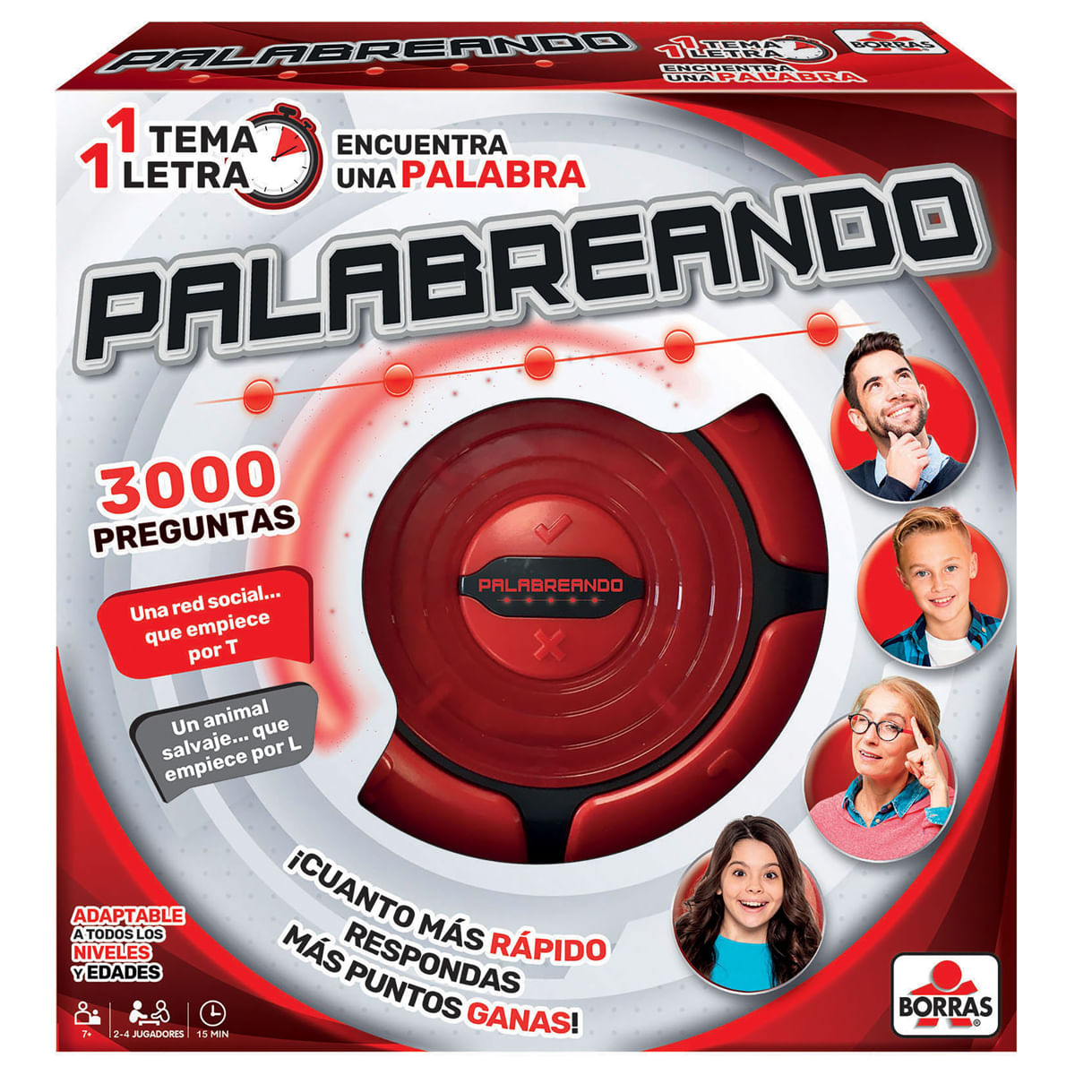 La caja del juego muestra un juego de palabras con un dispositivo rojo y caras sonrientes.