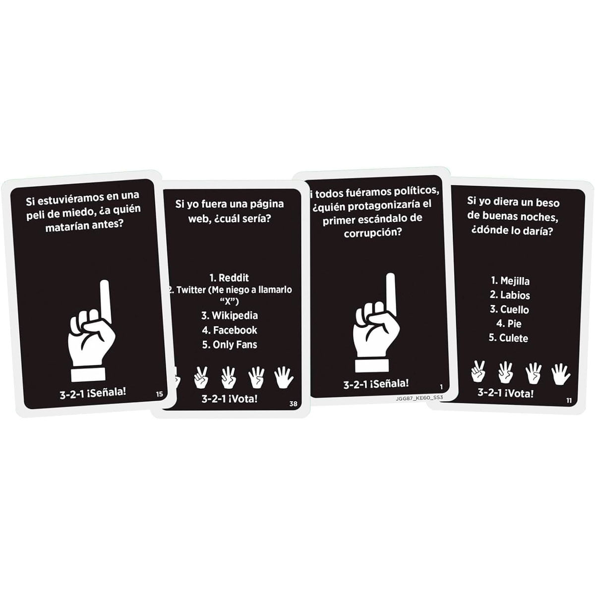 Cuatro cartas negras con preguntas, iconos blancos y texto en español.