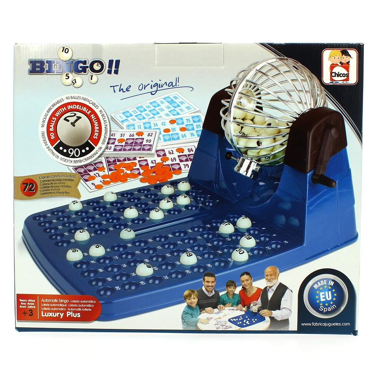 Un juego de bingo azul con tablero, bolas numeradas, jaula y tarjetas.