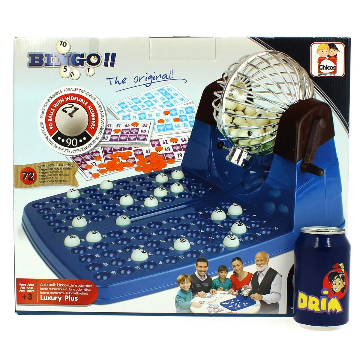 Un juego de bingo azul con dispensador de bolas, tarjetas y una lata.