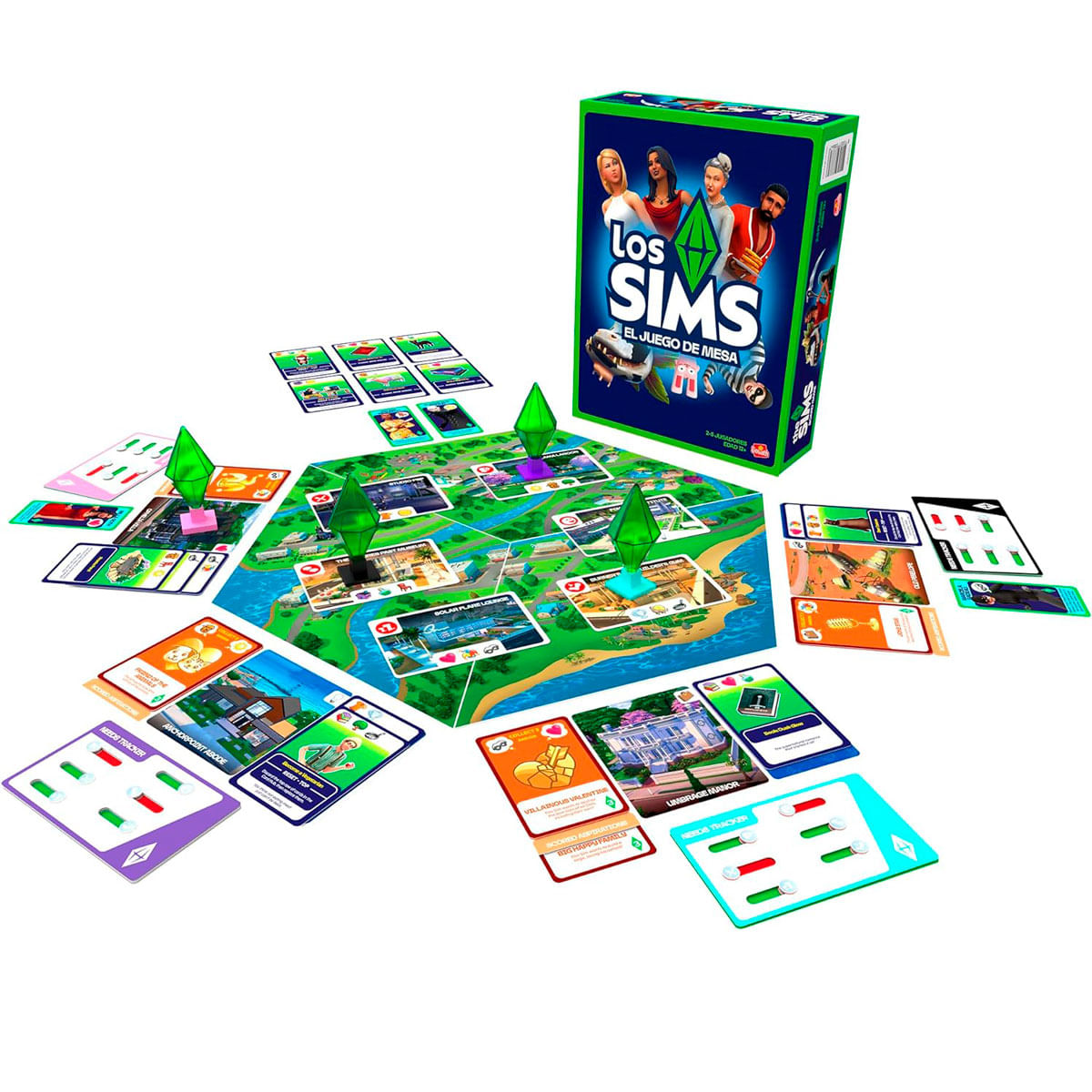 El juego de mesa Los Sims con tablero, cartas y caja. Cristales verdes en el tablero.