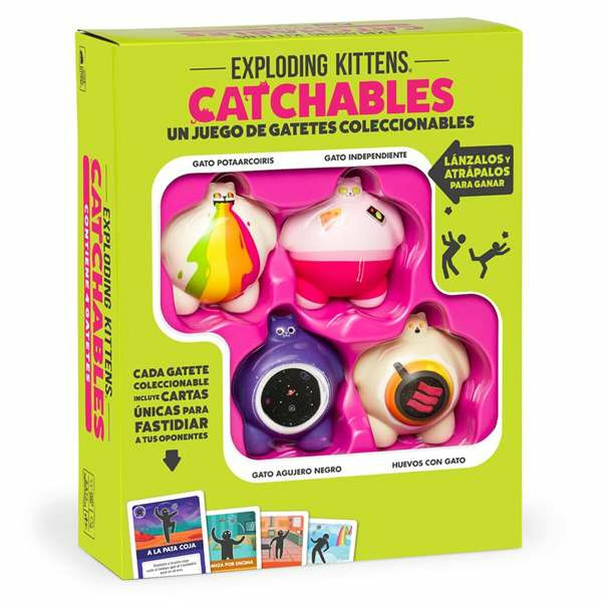 Caja del juego Exploding Kittens Catchables con cuatro figuras de gatos y cartas.