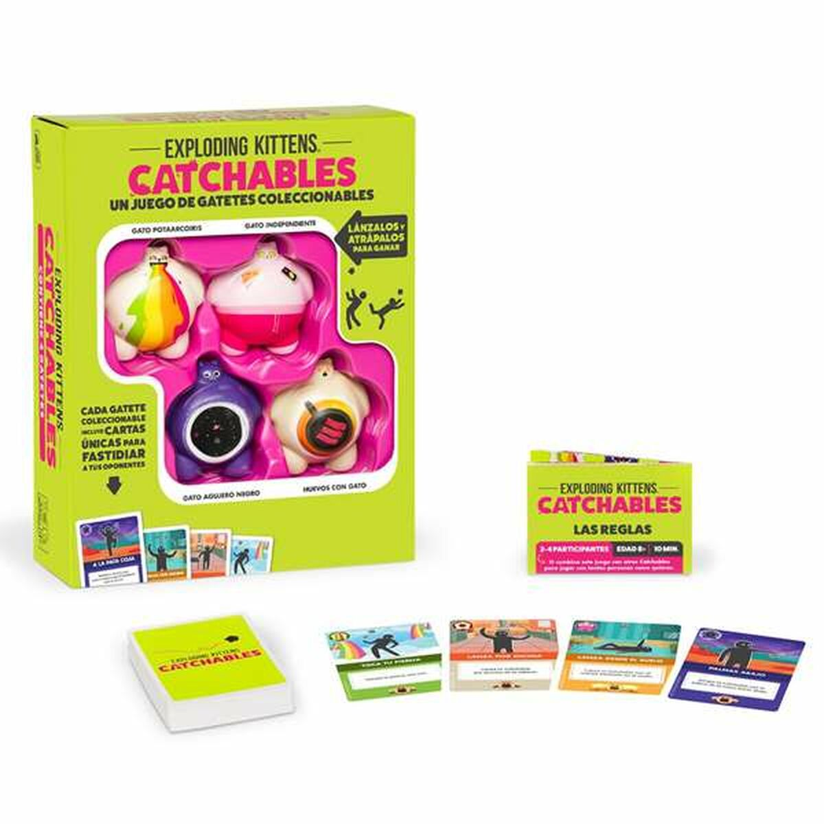 Caja del juego Exploding Kittens Catchables con figuras, cartas y reglas.