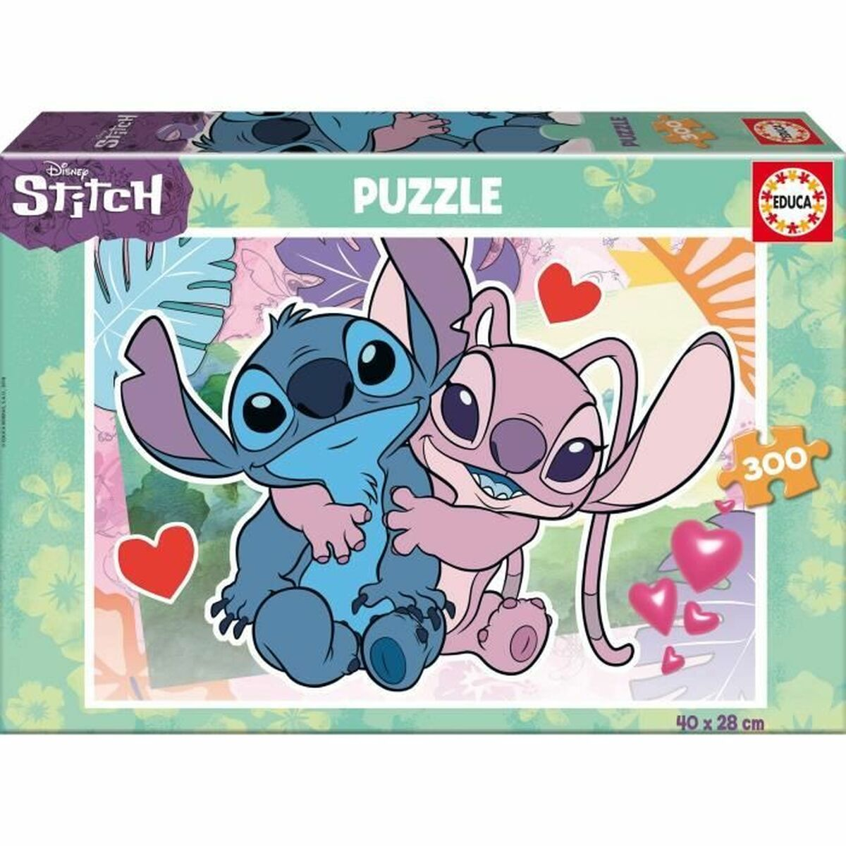Stitch e Angel si coccolano su una scatola di puzzle con cuori e foglie.