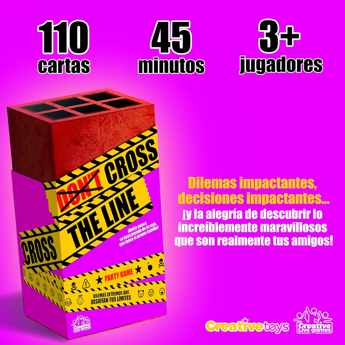 Caja de juego con cinta amarilla, 110 cartas, 45 minutos, 3+ jugadores.