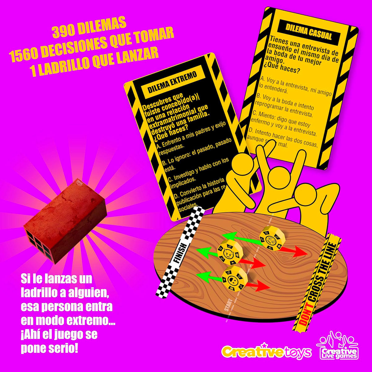 Un juego de ladrillos rojos con cartas y fichas sobre fondo morado.