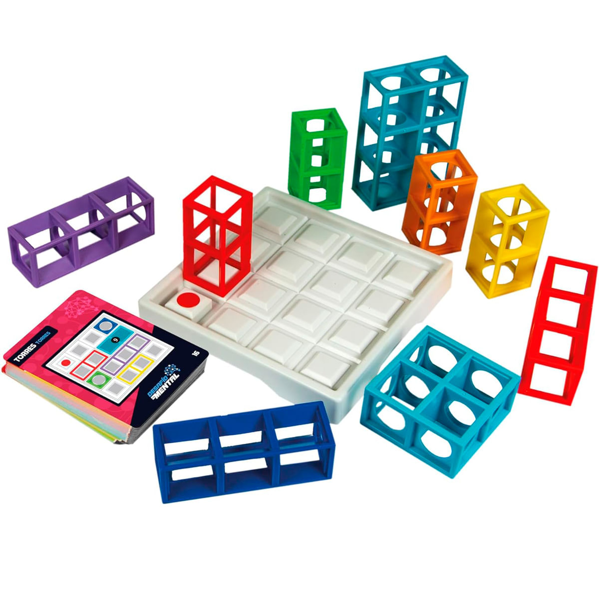 Juego de bloques de colores con tablero, cartas y piezas de torre.