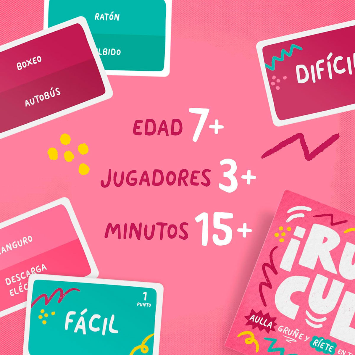 Juego con cartas: Edad 7+, Jugadores 3+, Minutos 15+. Términos difíciles.