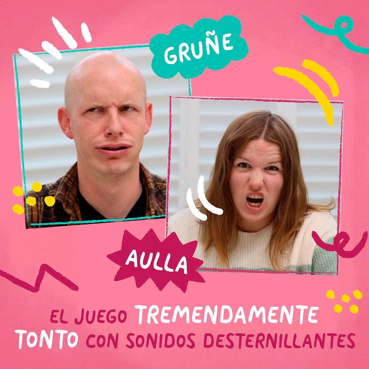 Hombre calvo y mujer pelirroja haciendo muecas. Texto 'GRUÑE' y 'AULLA'.