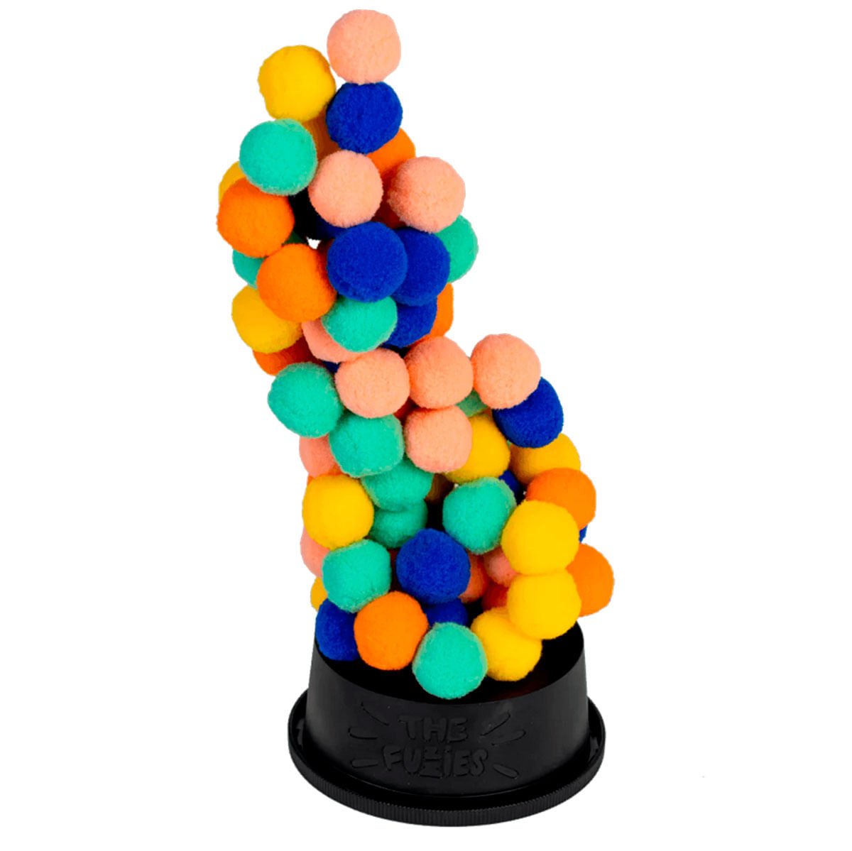 Una pila de pompones coloridos sobre una base negra con la etiqueta THE FUZZIES.