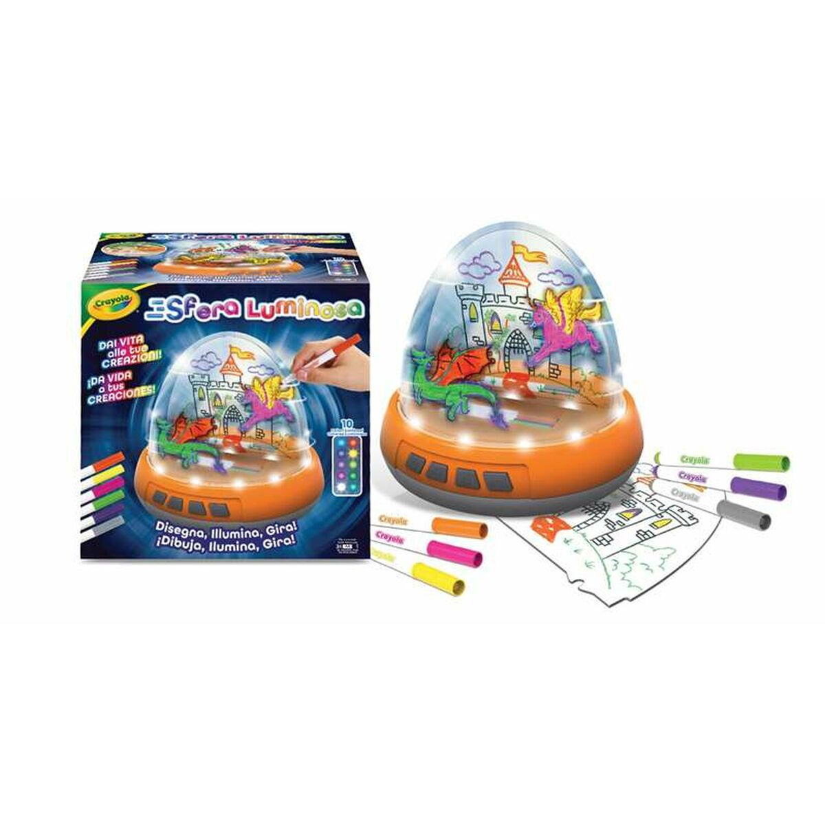 Globo luminoso Crayola con dragones y castillo, incluye rotuladores y hojas.