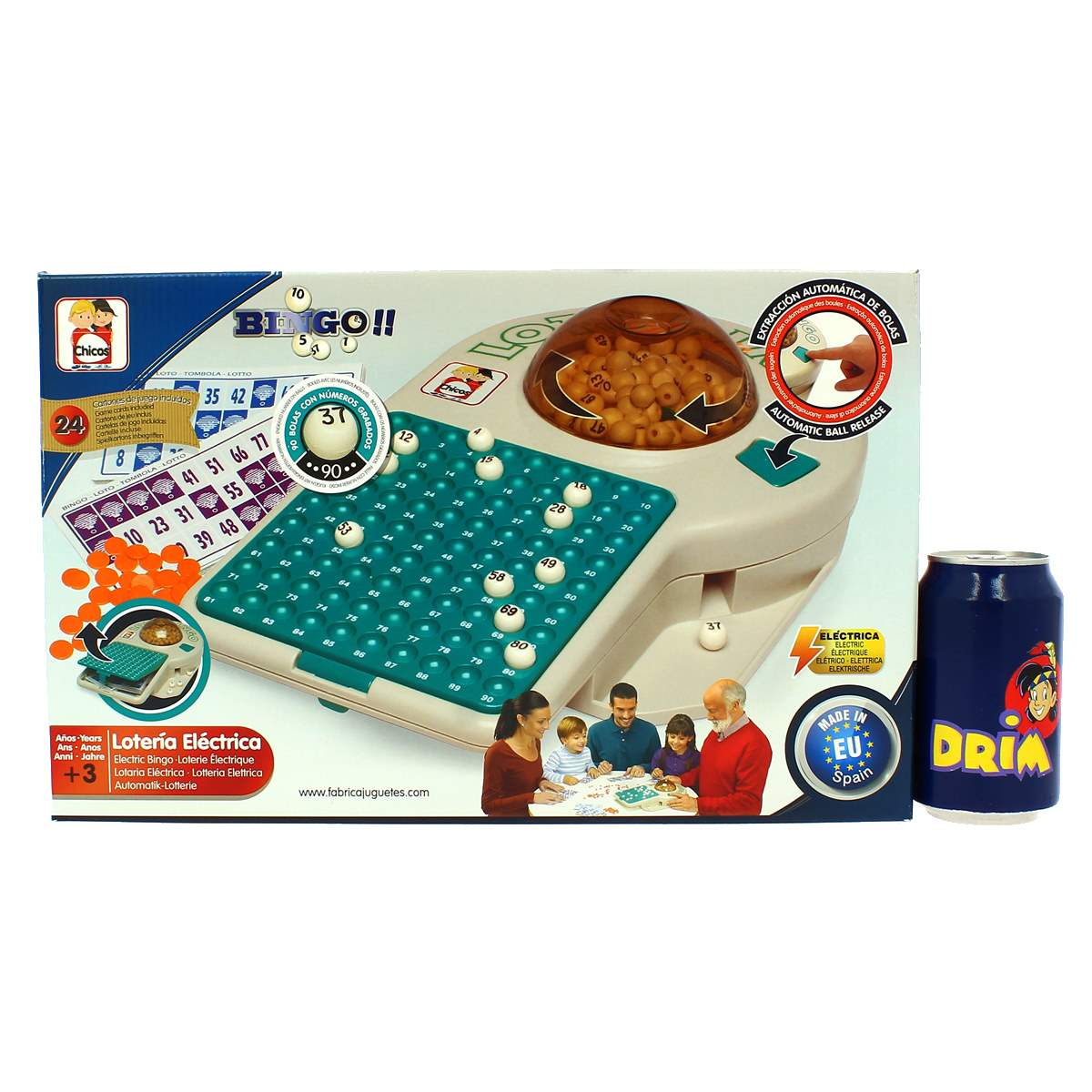 Un juego de Bingo con dispensador automático de bolas y una lata de refresco.