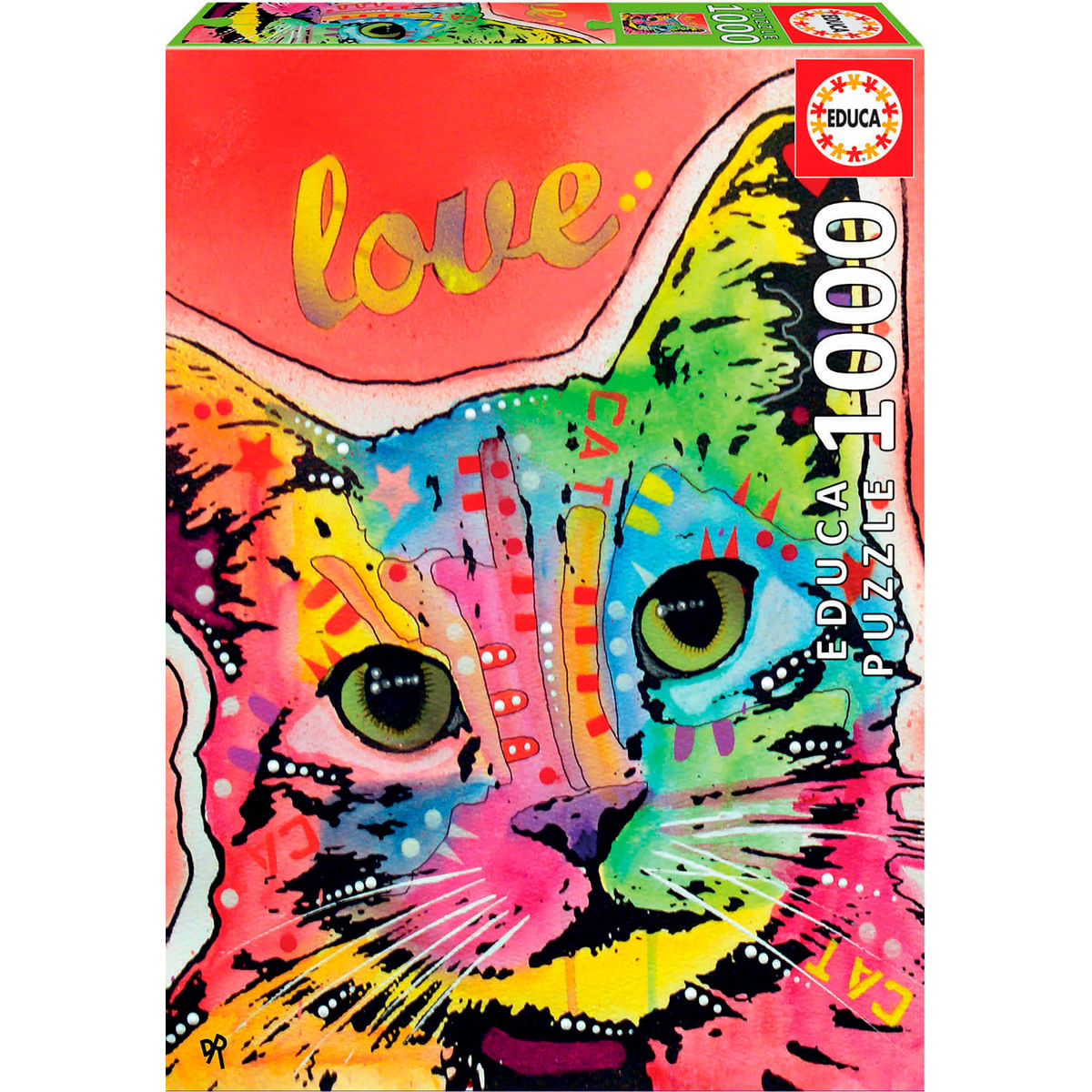 Gato colorido con la palabra "amor" en una caja de rompecabezas.