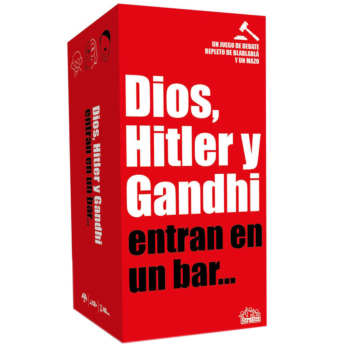 Caja de juego roja con texto blanco: Dios, Hitler y Gandhi entran en un bar.