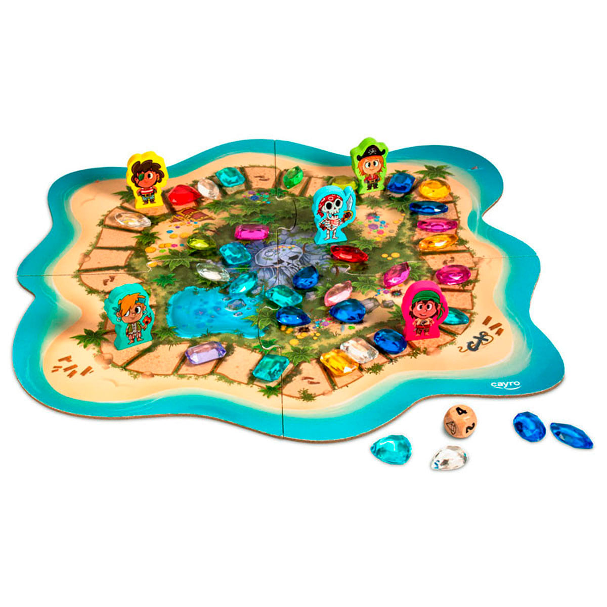 Un juego de mesa de piratas con gemas de colores, peones de personajes y dados en un tablero en forma de isla con borde azul.