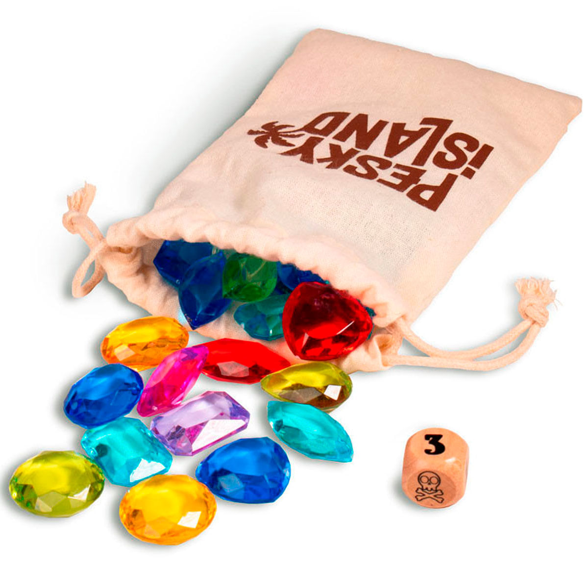 Una bolsa con gemas coloridas derramándose y un dado con el número 3.