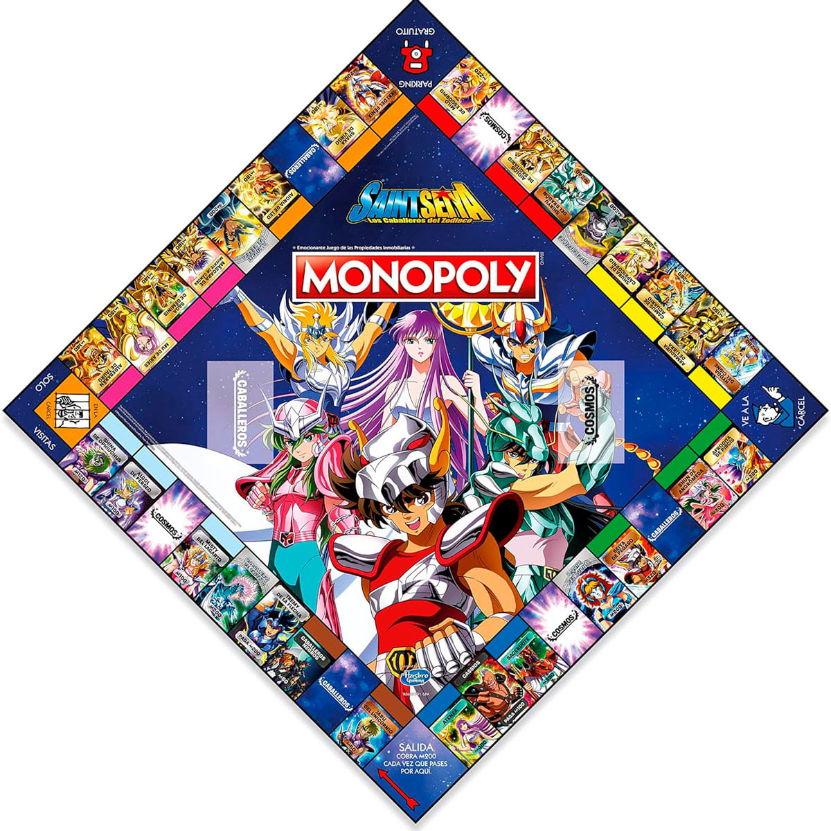 Tablero del juego Monopoly de Saint Seiya con personajes estilo anime y casillas.