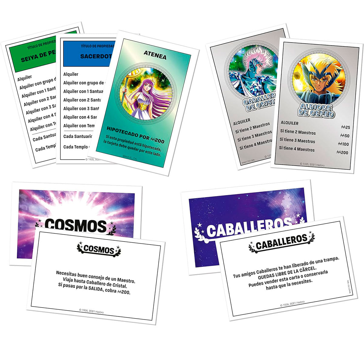 Tarjetas de juego de mesa con personajes de Saint Seiya y precios.