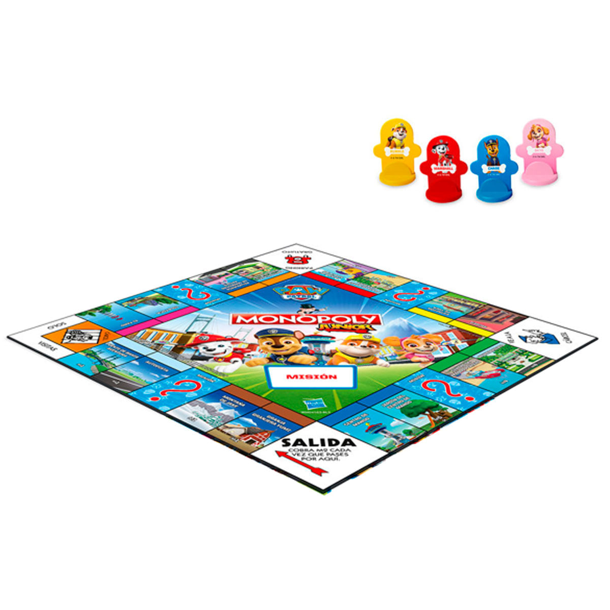 Tablero de Monopoly Junior Paw Patrol con cuatro peones de personaje: amarillo, rojo, azul, rosa.