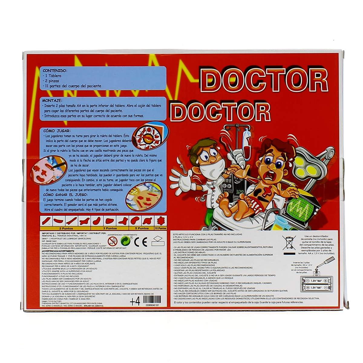 El tablero del juego muestra a un doctor operando a un paciente. Incluye instrucciones.