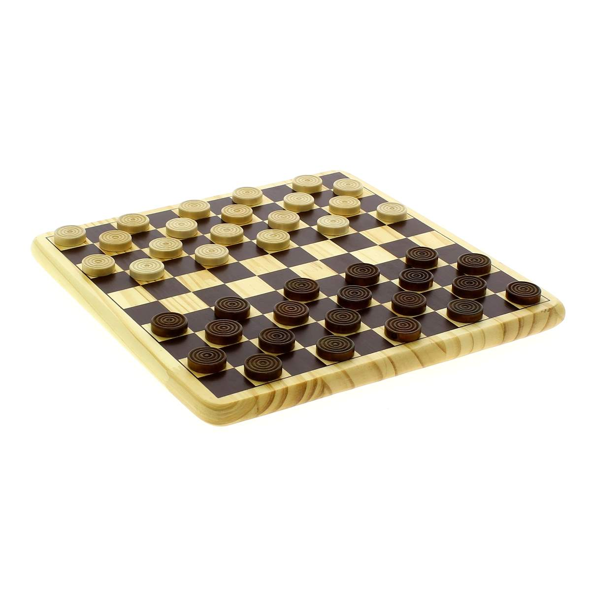 Tablero de damas con fichas marrones y claras, sobre fondo blanco.