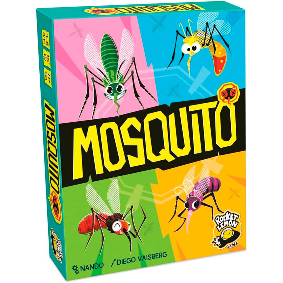 Caja de juego de mesa con cuatro mosquitos sobre fondos rosa, azul y amarillo.