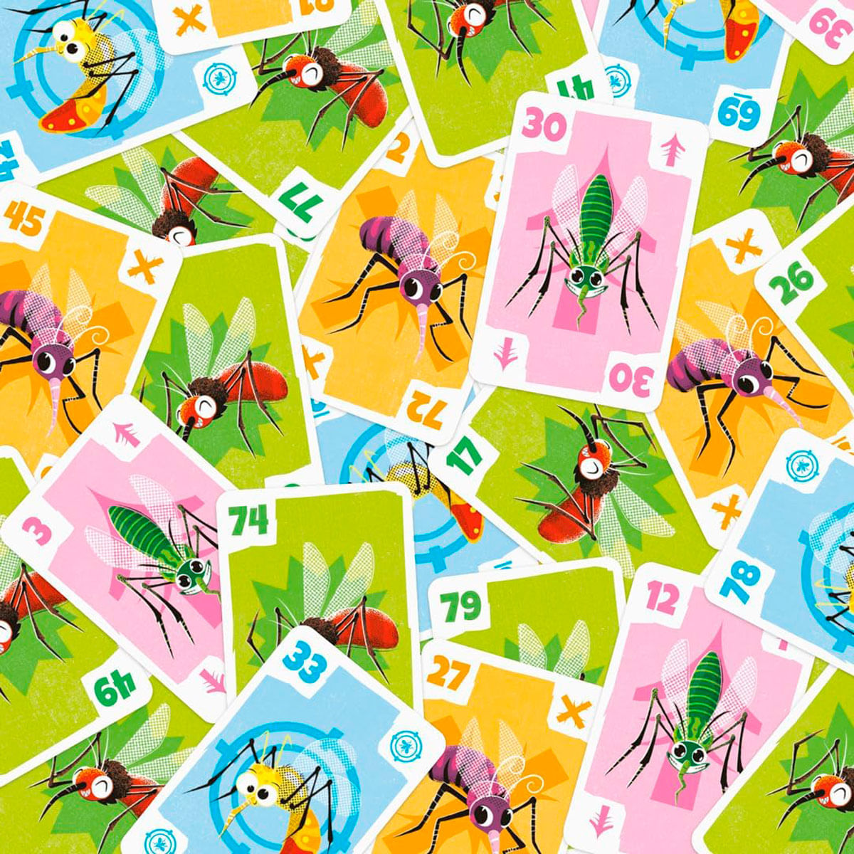 Muchas tarjetas de juego coloridas con diseños de mosquitos y números, parcialmente superpuestas.