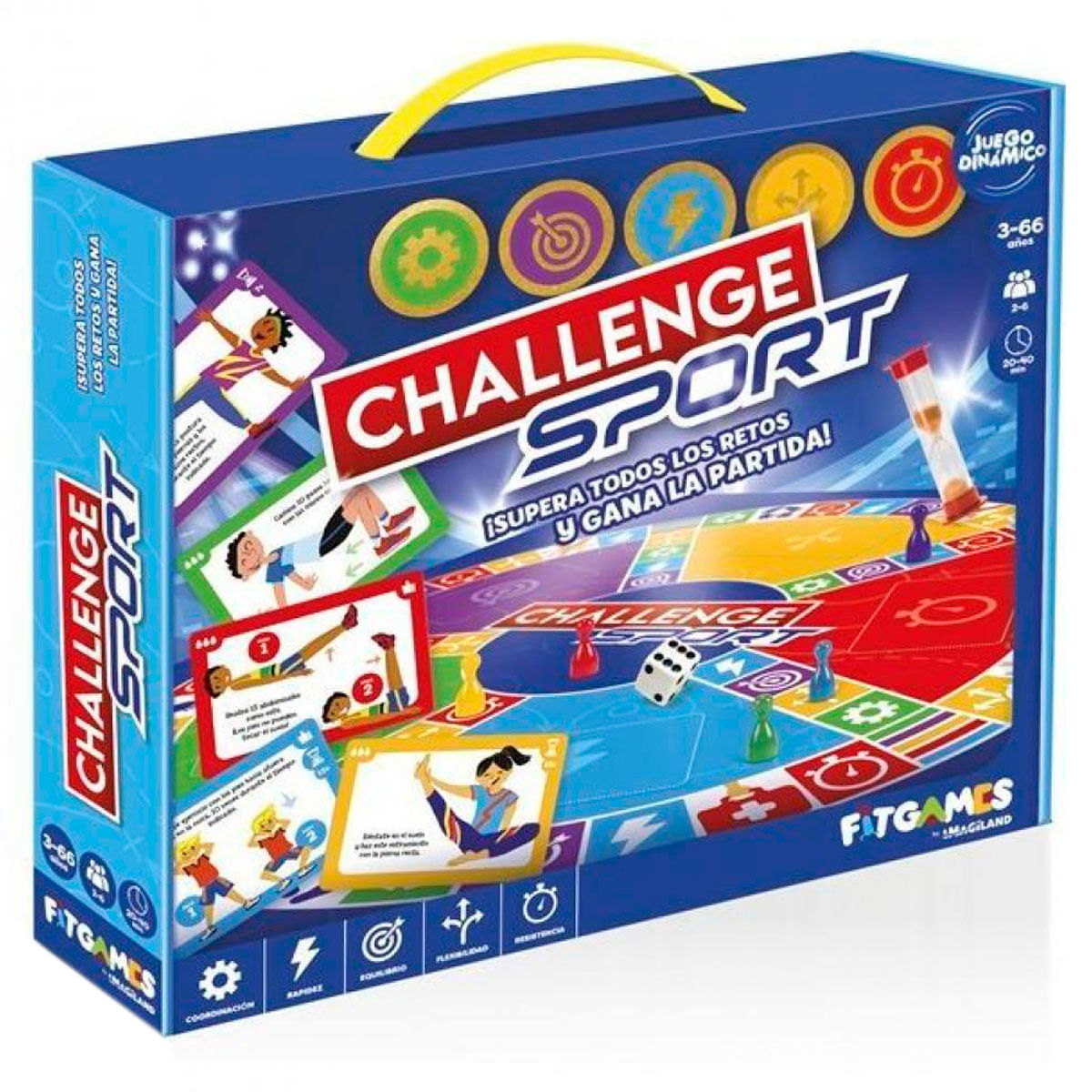 La caja del juego "Challenge Sport" muestra un juego de mesa con cartas y fichas.