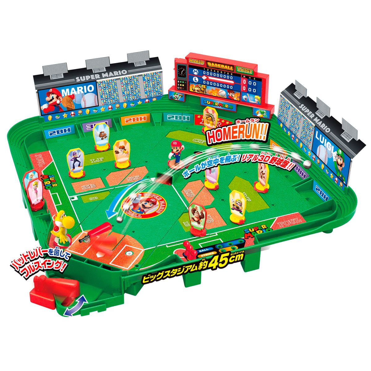 Juego de béisbol Super Mario con personajes en campo verde, tribunas y marcador.