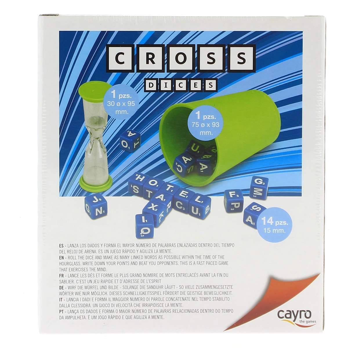 Caja de juego con dados, reloj de arena y vaso. Hay letras en los dados.