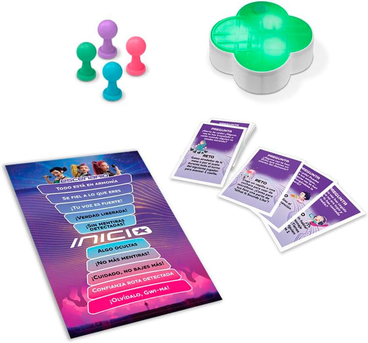 Tablero de juego, cartas, peones y un objeto brillante sobre fondo blanco.