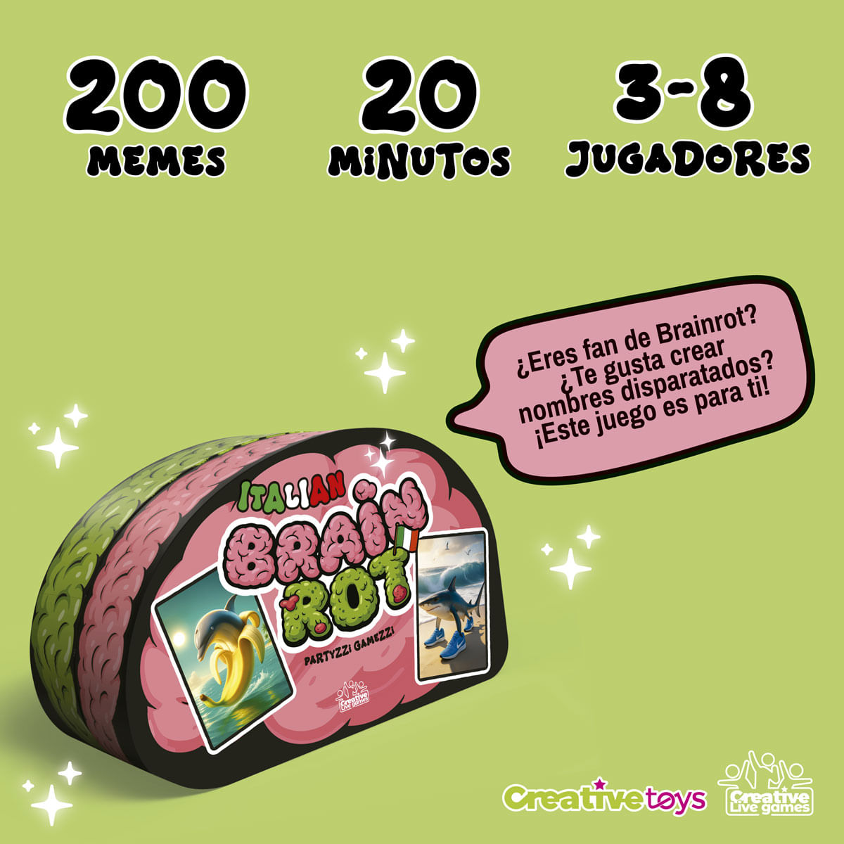 Caja del juego Italian Brain Rot con arte de plátano y tiburón en zapatillas.