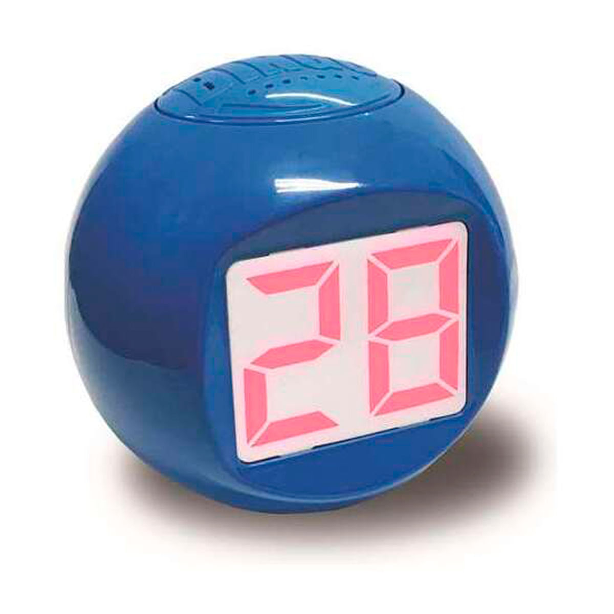 Un cubo azul con números digitales 28 sobre un fondo blanco.