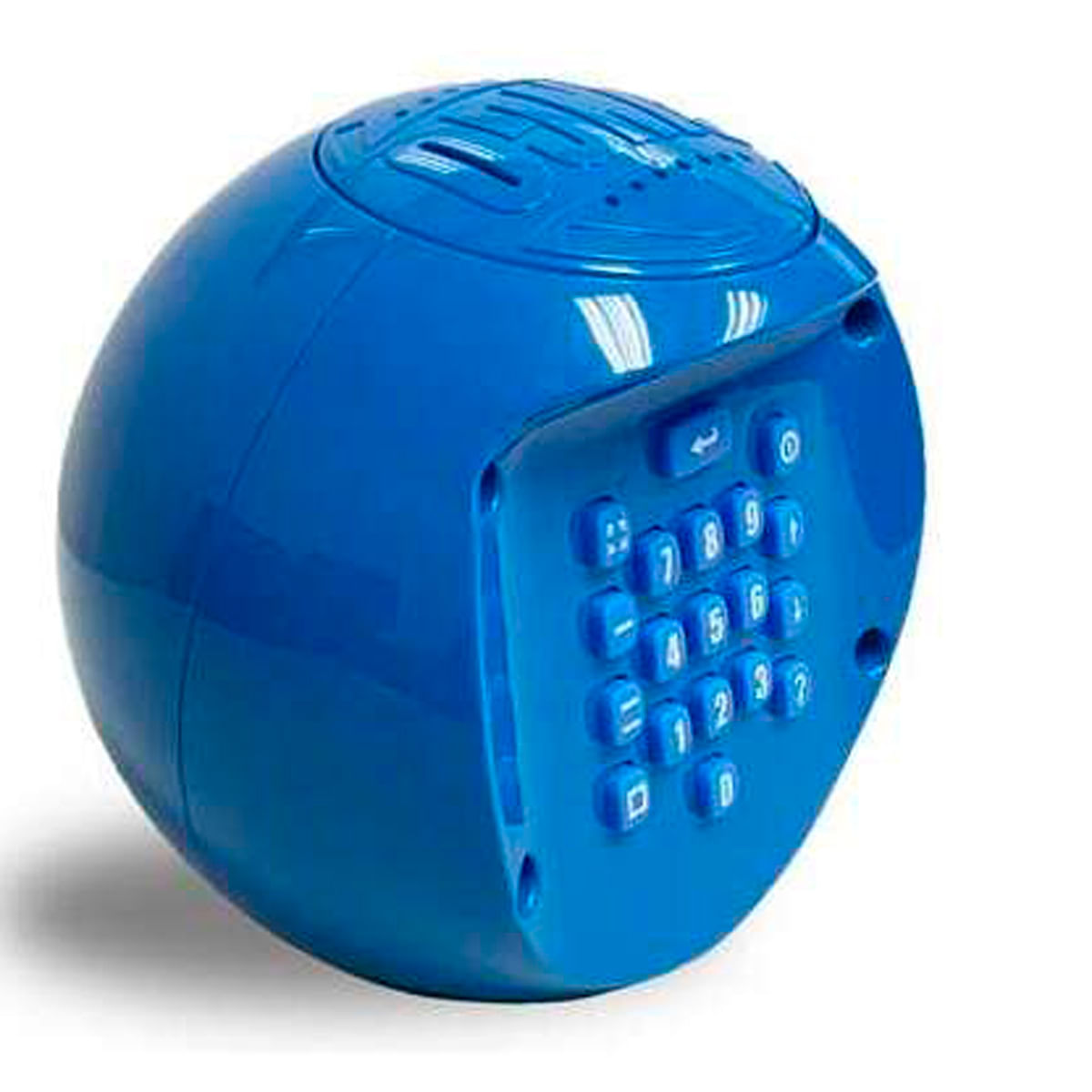 Un juguete electrónico esférico azul brillante con teclado y rejilla de altavoz.