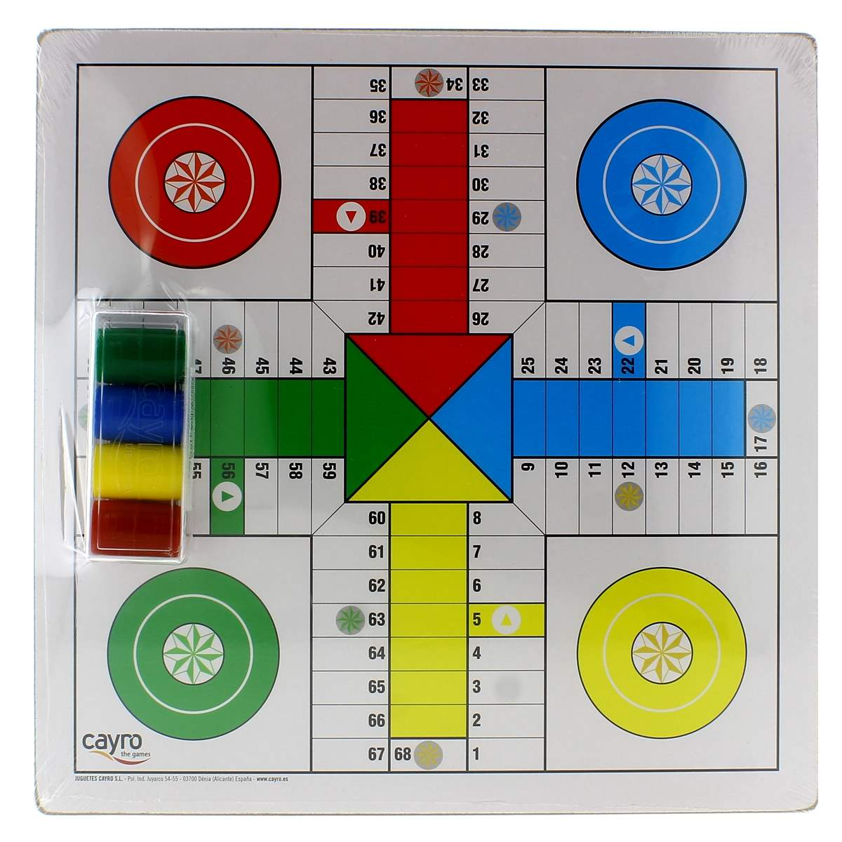 Un juego de mesa con peones de jugador en rojo, azul, amarillo y verde.