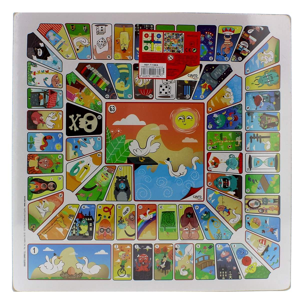 Juego de mesa con casillas coloridas, cisnes, sol y numeración.