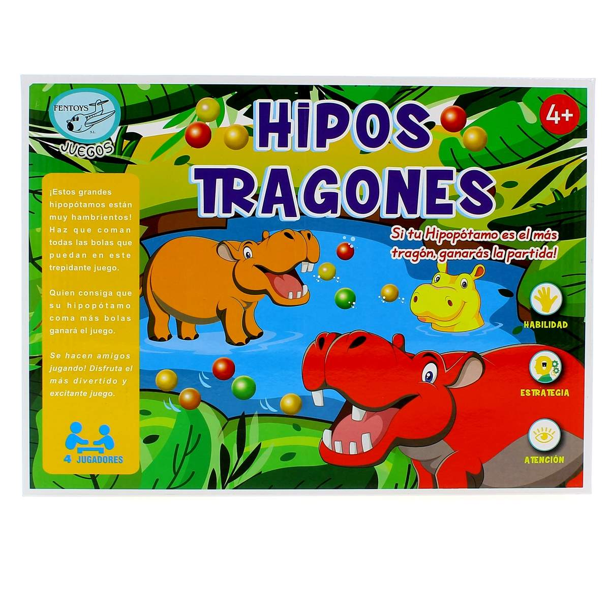 Caja de juego con hipopótamos coloridos comiendo bolas, título 'Hipos Tragones'.