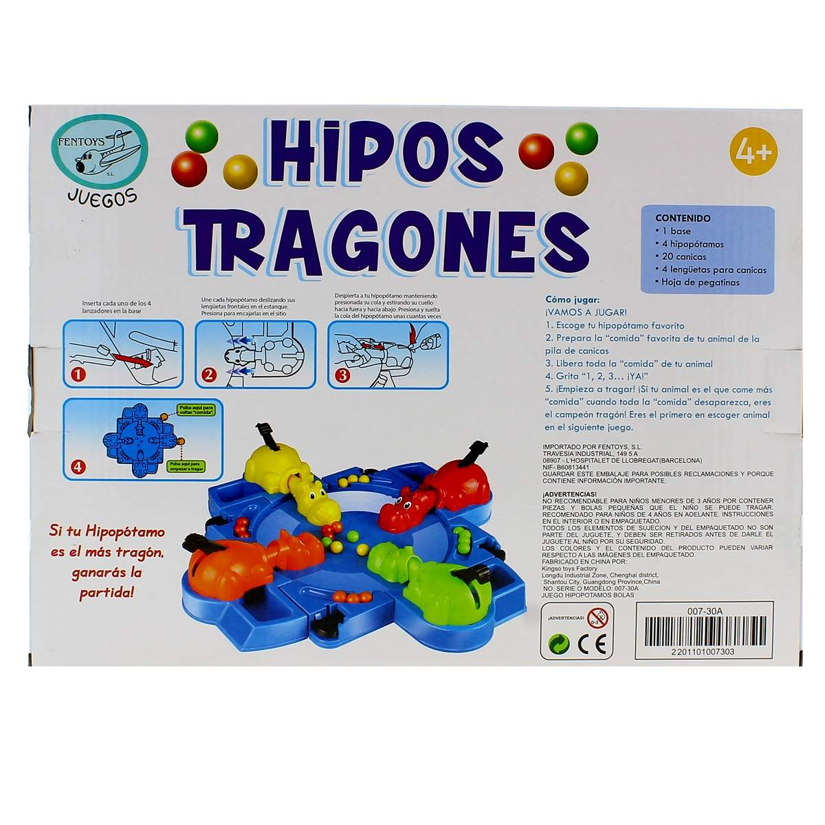 Tablero de juego con cuatro hipopótamos y canicas de colores. Incluye instrucciones.