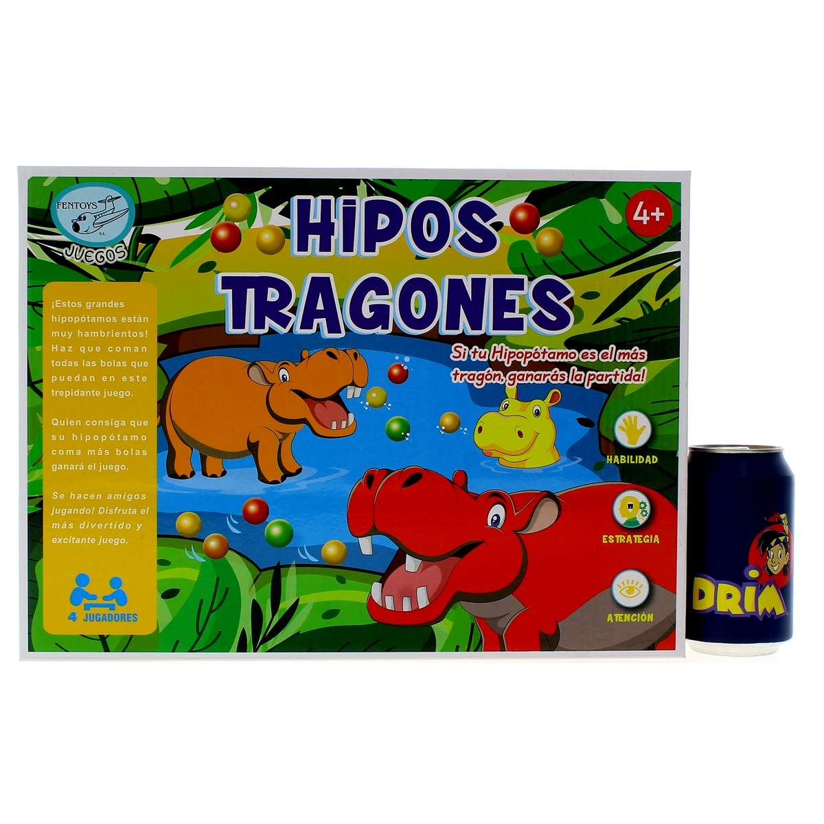 Caja de juego 'Hipos Tragones', con hipopótamos coloridos comiendo bolas.