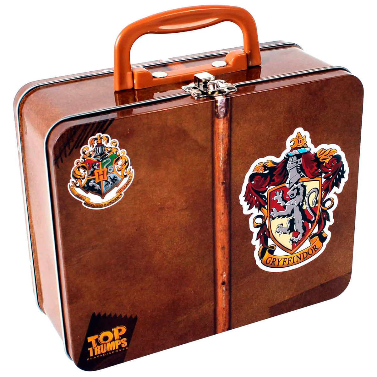Caja metálica marrón con asa y cierre, con escudos de Hogwarts y Gryffindor.