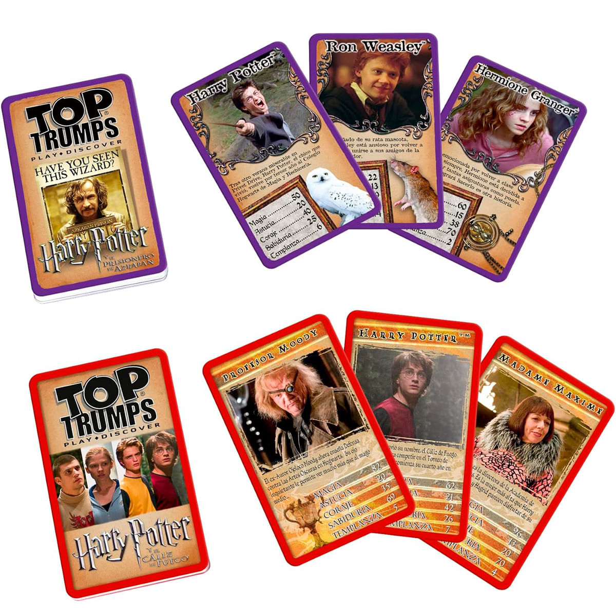 Cartas Top Trumps de Harry Potter: Harry, Ron, Hermione, Moody, Madame Maxime.