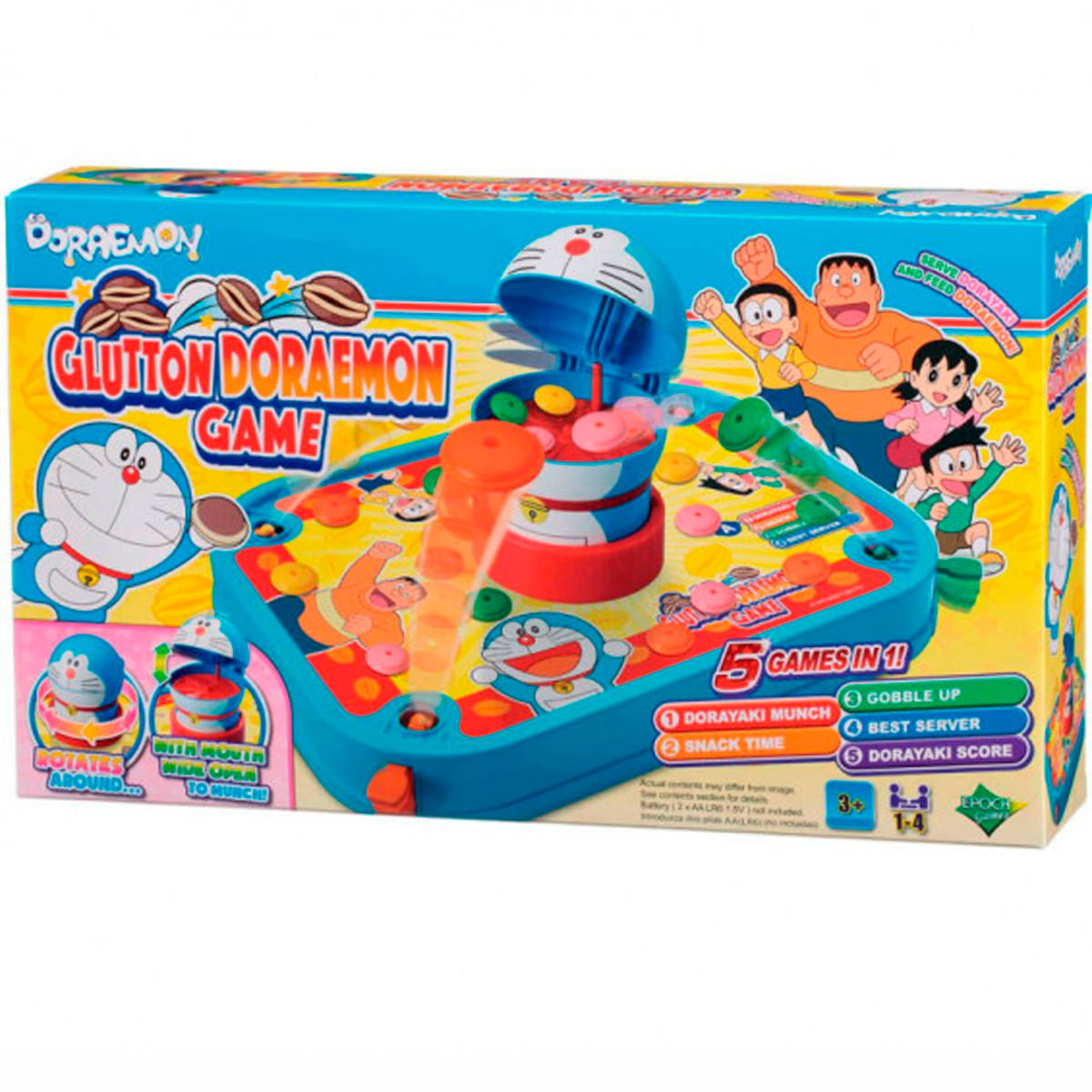 Caja del juego Glutton Doraemon, con Doraemon, Nobita, Shizuka y Suneo jugando.