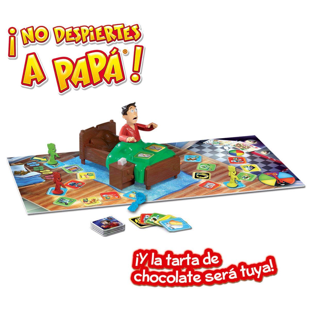 Tablero de juego con hombre en la cama, peones y cartas. Título: ¡No despiertes a papá!